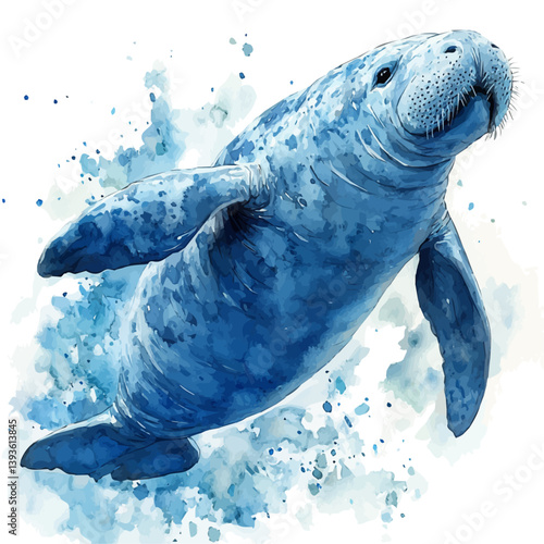 African manatee, watercolor illustration, isolated on a white background.

