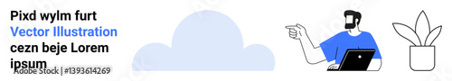 Man gesturing while holding a laptop beside minimalistic cloud and potted plant elements. Ideal for digital workspace, technology trends, minimal design, productivity, remote work, online learning