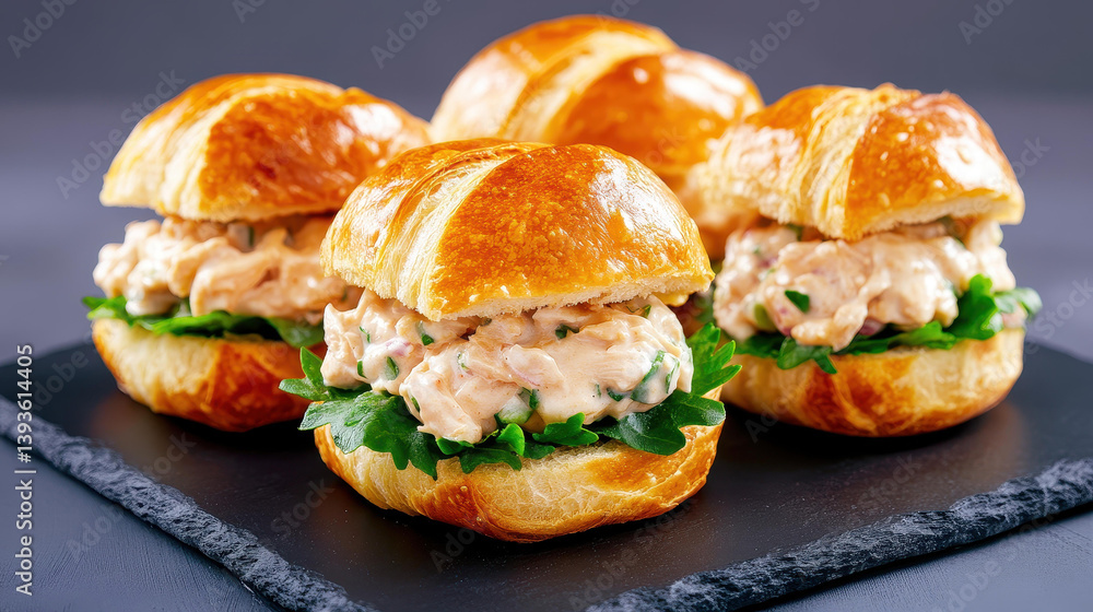 Indulge in scrumptious mini sandwiches made with flaky croissant rolls and rich chicken salad, perfect for any celebration.