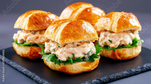 Obraz na płótnie Indulge in scrumptious mini sandwiches made with flaky croissant rolls and rich chicken salad, perfect for any celebration. w salonie