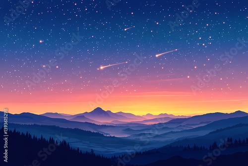 Wallpaper Mural Starry Sky Above Mountain Range: Captivating Cosmic Landscape with Shooting Stars and Vivid Sunset Colors Torontodigital.ca