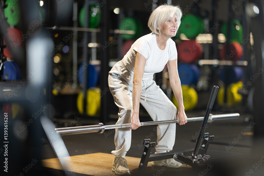 Modern motivated fit senior woman performing deadlifts with barbell during regular strength training at gym to stay strong, mobile, and healthy with age