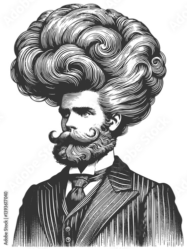 gentleman with an incredibly large, curly hairstyle, blending humor, surrealism, and vintage artistic style sketch engraving generative ai vector illustration. Scratch board. Black and white image.