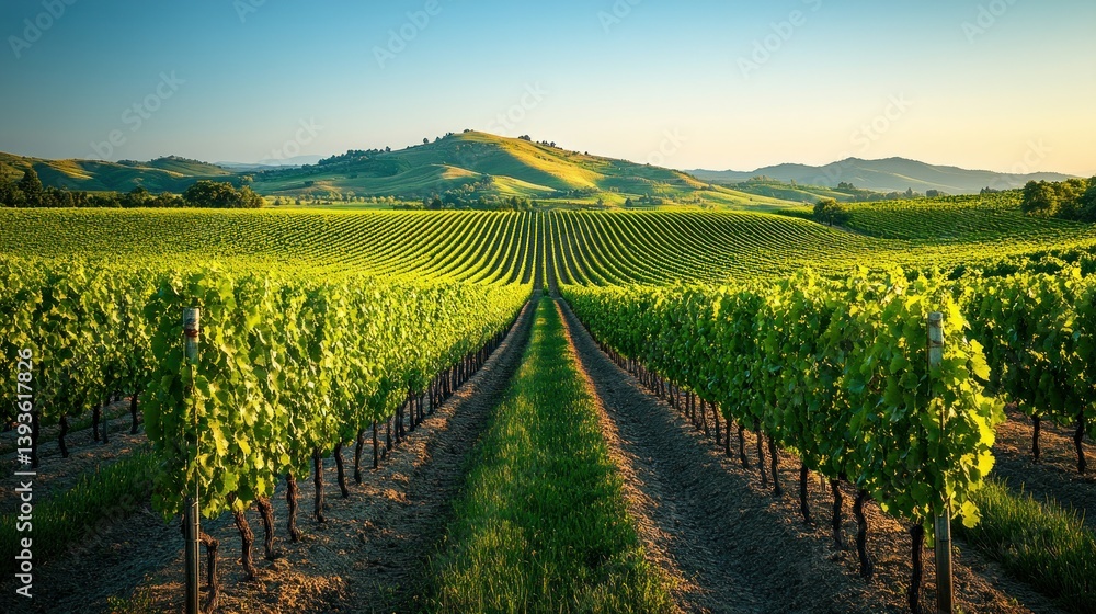 Naklejka premium Lush vineyard rows stretch to a distant hill under a bright sky