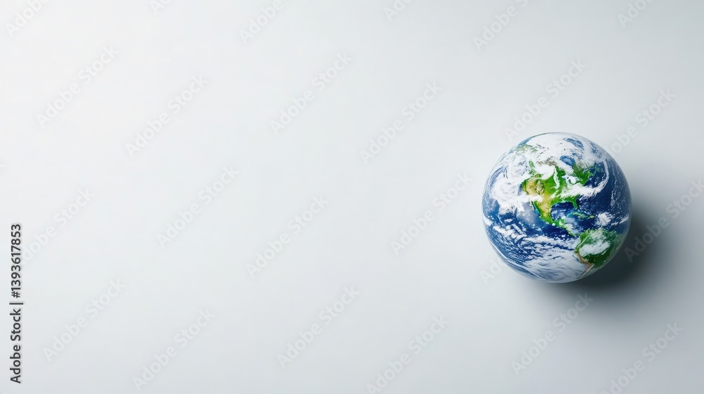 Fototapeta premium A small globe model resting on a minimalist white surface, showcasing continents and oceans, and symbolizing global unity and environmental awareness.