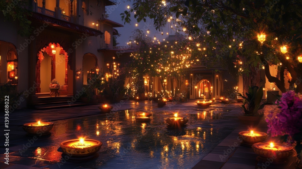 Naklejka premium Evening scene depicting a courtyard illuminated by candlelight and hanging lights