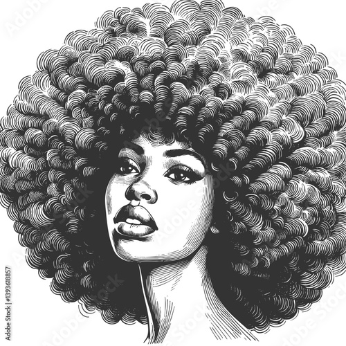 woman with a voluminous afro hairstyle and hoop earrings, exuding strength, beauty, and vintage artistic elegance sketch engraving generative ai vector illustration. Scratch board. Black and white.