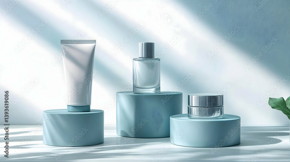 Cosmetic products on blue platforms with modern and fresh design. Concept of sophistication and minimalism. Cosmetic products on blue platforms with modern and fresh design. Concept of sophistication and minimalism.
