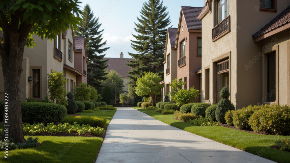 serene residential pathway lined with well maintained houses and lush greenery creates peaceful atmosphere serene residential pathway lined with well maintained houses and lush greenery creates peaceful atmosphere