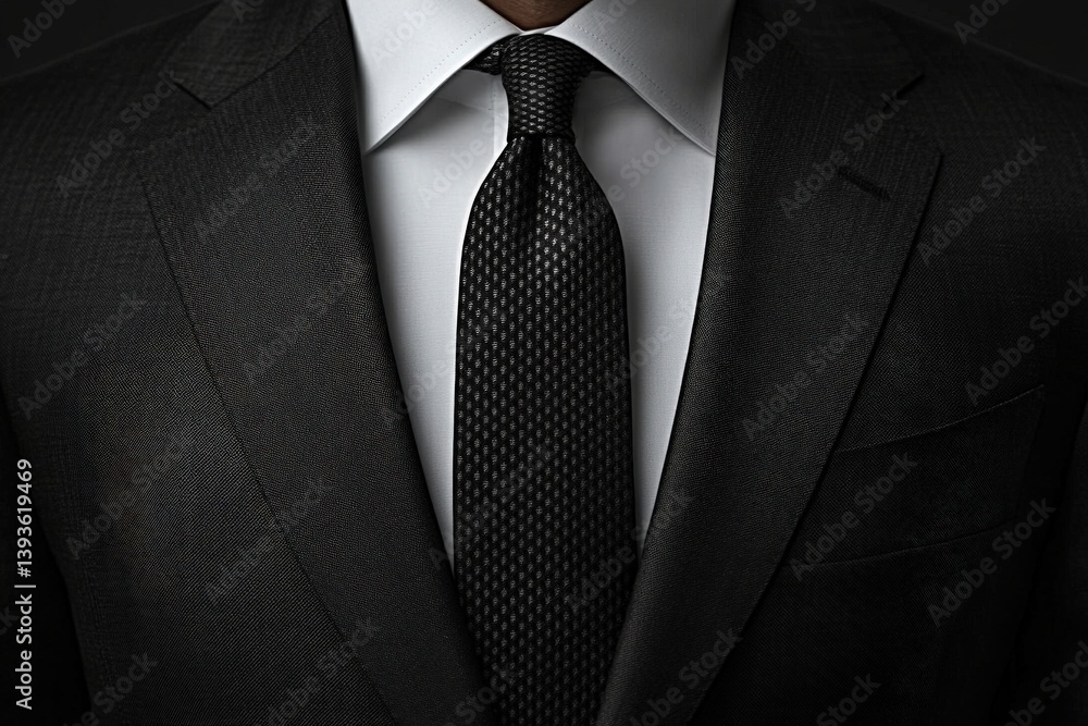 Close-up of a formal black suit, crisp white shirt, and dark tie. Professional attire Close-up of a formal black suit, crisp white shirt, and dark tie. Professional attire