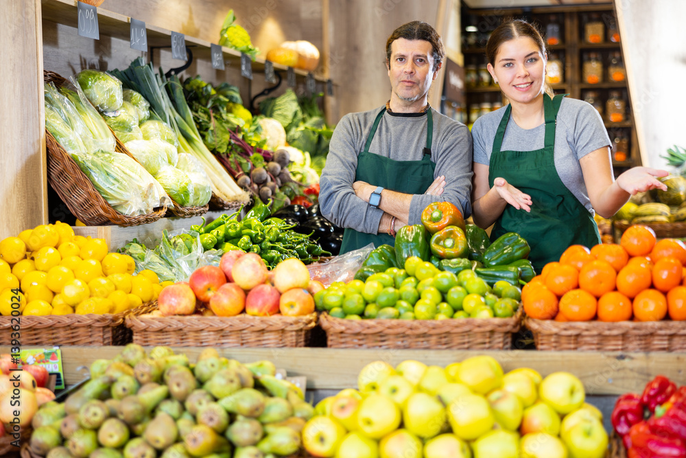 Portrait of positive friendly shop assistants in apron in the grocery section of the supermarket Portrait of positive friendly shop assistants in apron in the grocery section of the supermarket