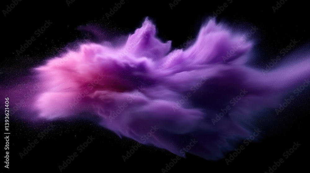 Fototapeta premium Abstract cloud of swirling purple and pink dust against a black background. Soft, flowing forms suggest nebula or cosmic phenomena