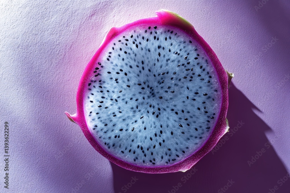 A cross section view shows a colorful pitahaya fruit slice A cross section view shows a colorful pitahaya fruit slice
