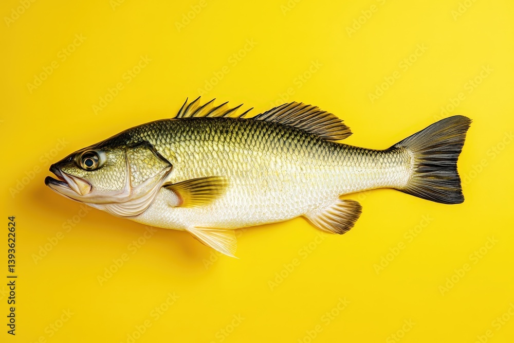 Fototapeta premium A single fish is presented against a vibrant yellow background