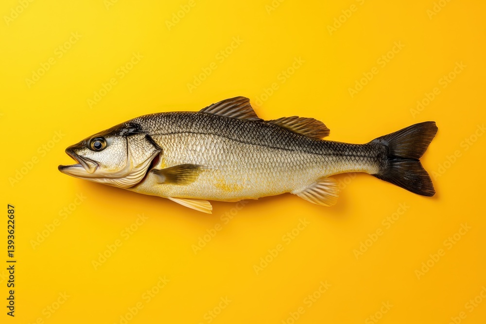 Naklejka premium A freshly caught fish laying on a solid yellow background