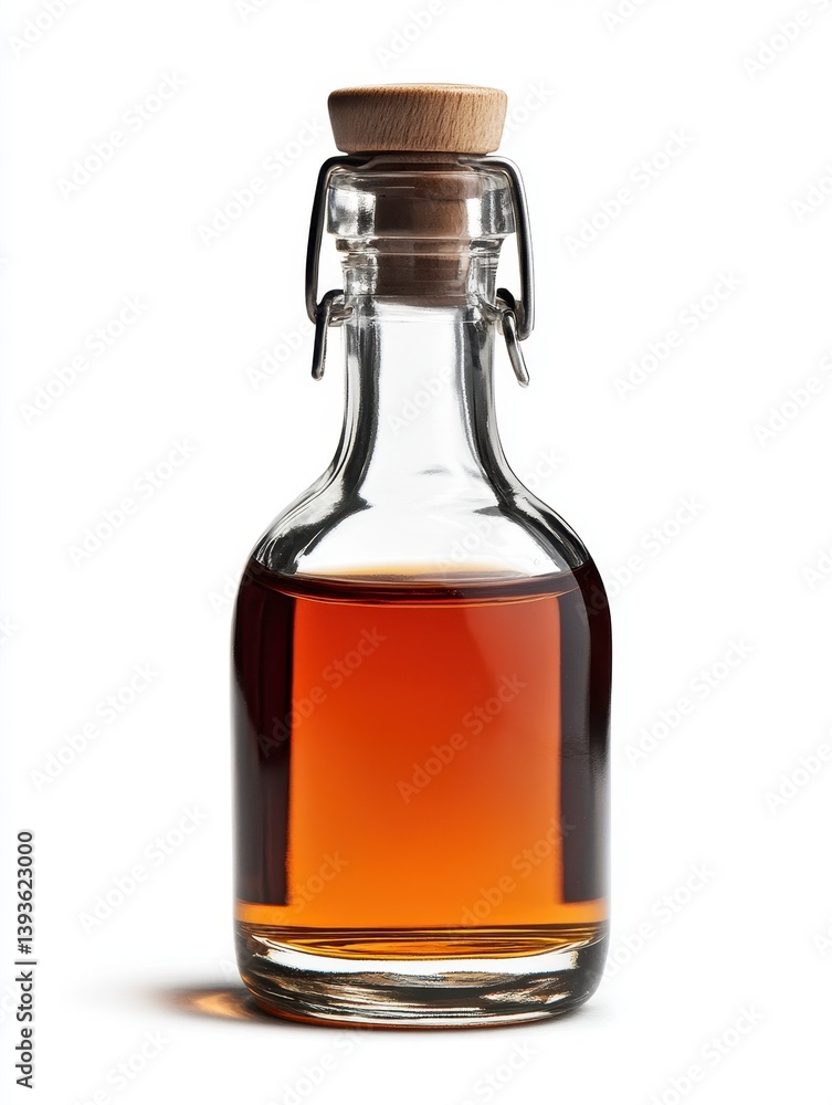 Amber Liquid in a Clear Glass Bottle with Cork Stopper and Swing Top Amber Liquid in a Clear Glass Bottle with Cork Stopper and Swing Top