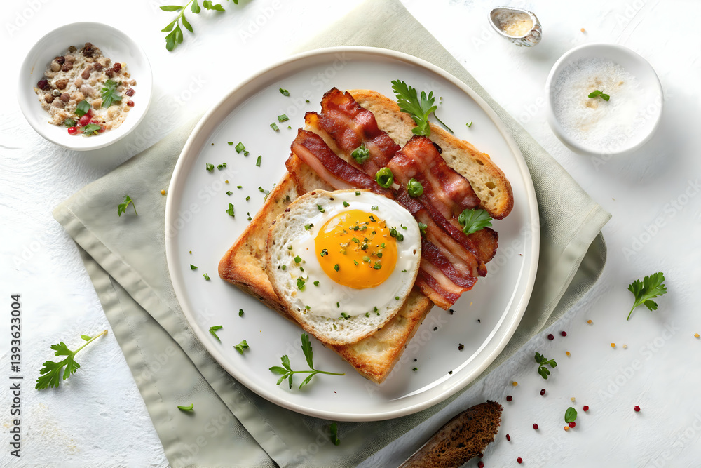 Avocado Toast with fried Eggs. Close-up of avocado and egg toast with herbs, chilli flakes and seasonings, on white background.
Avocado Toast with fried Eggs. Close-up of avocado and egg toast with herbs, chilli flakes and seasonings, on white background.