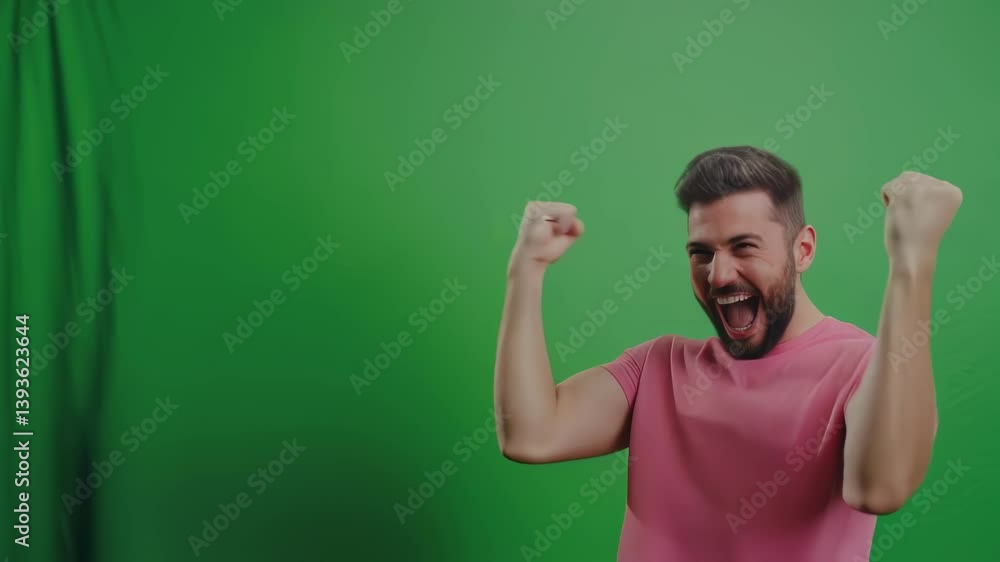Euphoric man with beard and pink t shirt raising fists in the air, celebrating success and victory, isolated on green screen background, perfect for chroma keying Euphoric man with beard and pink t shirt raising fists in the air, celebrating success and victory, isolated on green screen background, perfect for chroma keying
