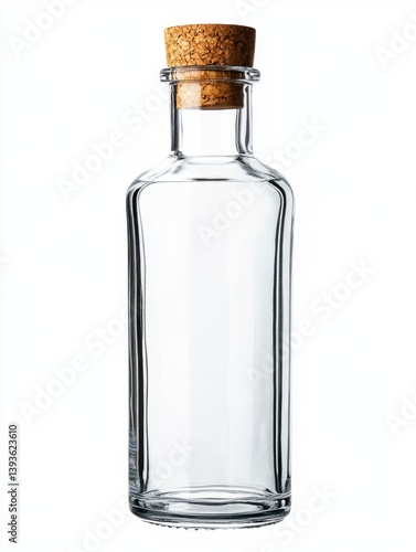 Clear Glass Bottle with Cork Stopper on White Background