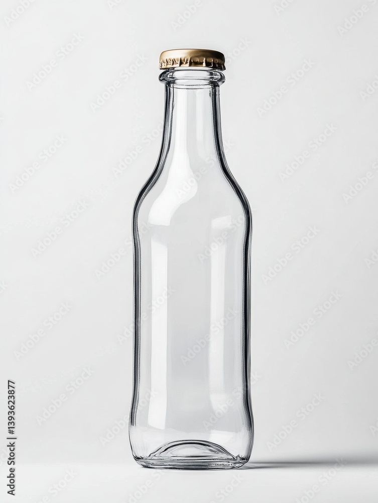 Fototapeta premium Clear Glass Bottle with Gold Screw Cap on White Background