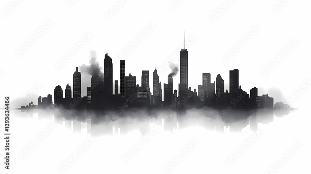 Urban Skyline Silhouette: Foggy Cityscape in Black-and-White Urban Skyline Silhouette: Foggy Cityscape in Black-and-White