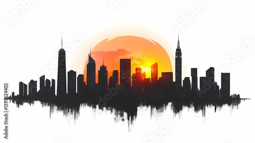 Vibrant Urban Cityscape Sunset: Silhouetted Skyline with Architectural Landmarks