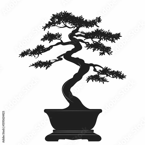 Artistic Bonsai Tree: Silhouette, Nature, and Relaxation in Japanese Zen Garden