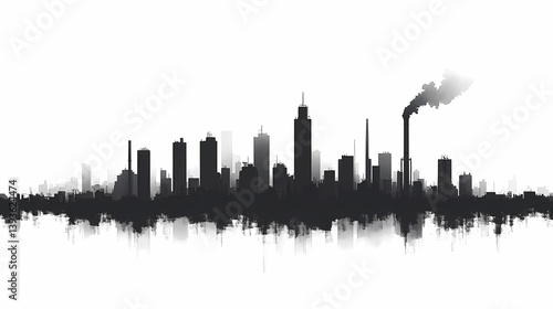 Urban Skyline Silhouette with Factory Smoke - Pollution Impact on City Landscapes