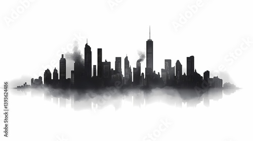 Urban Skyline Silhouette: Foggy Cityscape in Black-and-White