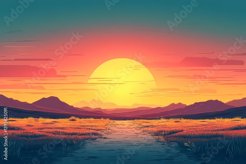 Beautiful Sunset Landscape Vector Art: Vibrant Colorful Scenery with Peaceful Evening Light