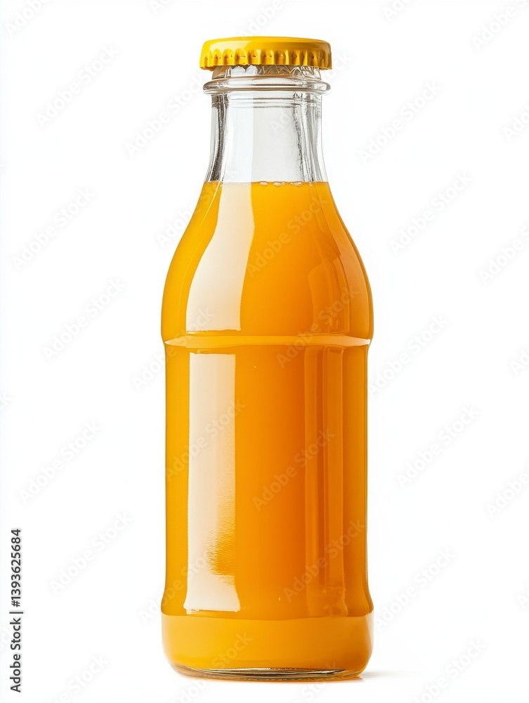 Glass Bottle of Yellow Juice with Yellow Cap on White Background Glass Bottle of Yellow Juice with Yellow Cap on White Background