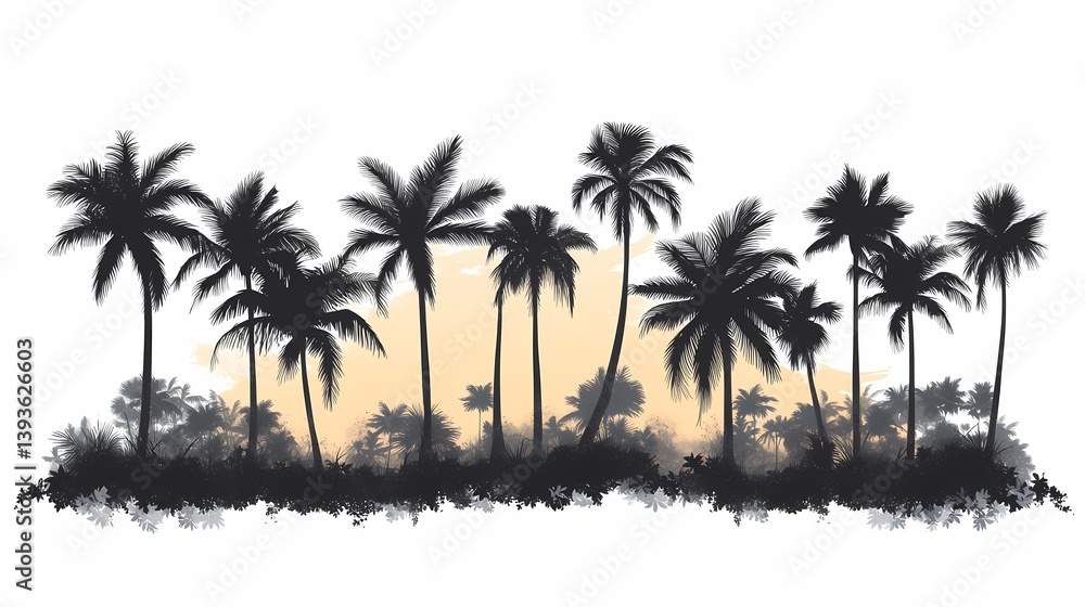 Tranquil Tropical Paradise: Palm Tree Silhouettes at Sunset Tranquil Tropical Paradise: Palm Tree Silhouettes at Sunset
