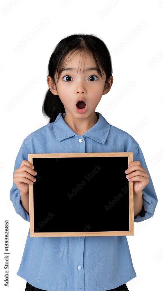 Young girl holding a blank blackboard with a surprised expression on a transparent background Young girl holding a blank blackboard with a surprised expression on a transparent background