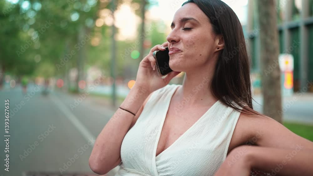 Beautiful woman with freckles and dark loose hair wearing white top sits on bench with phone in her hands. Cute girl talking on mobile phone modern city background Beautiful woman with freckles and dark loose hair wearing white top sits on bench with phone in her hands. Cute girl talking on mobile phone modern city background
