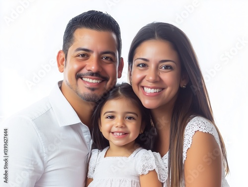 Hispanic Parents with Daughter in White Dress Portrait