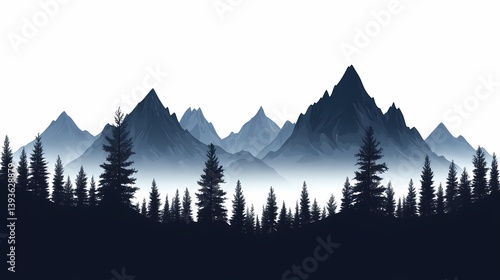 Mountain Silhouette Landscape: Explore Tranquil Nature Scenery with Forest and Trees