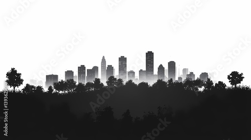 Black and White Cityscape Skyline Silhouette: Modern Urban Landscape with Nature Contrast