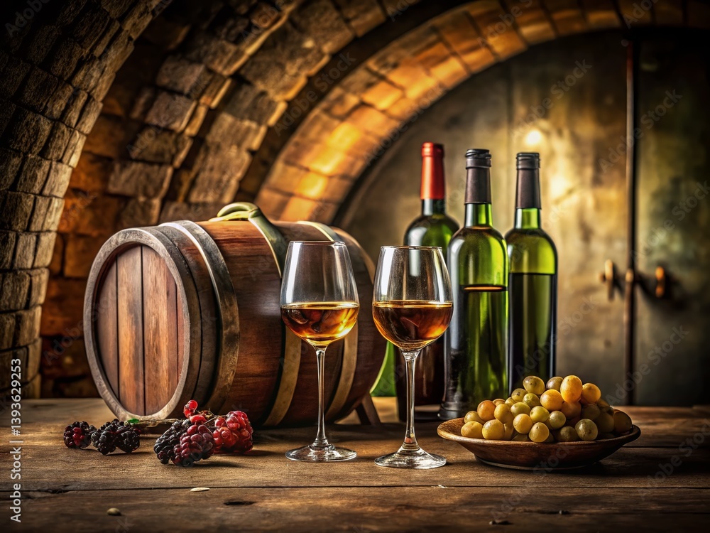 Obraz premium Rustic Wine Cellar Still Life Oak Barrels Wine Bottles and Glasses A Celebration of Crafted Drinks