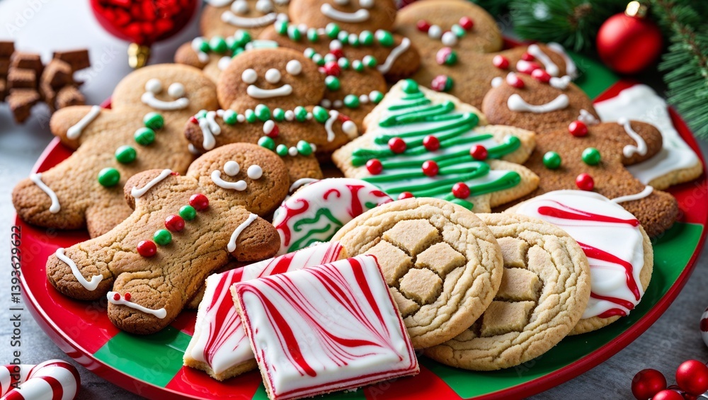 A delightful plate of Christmas cookies, featuring gingerbread men and festive designs. A delightful plate of Christmas cookies, featuring gingerbread men and festive designs.