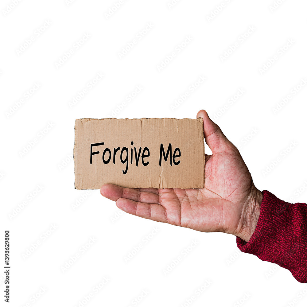 Hand holding a brown cardboard sign with text Hand holding a brown cardboard sign with text