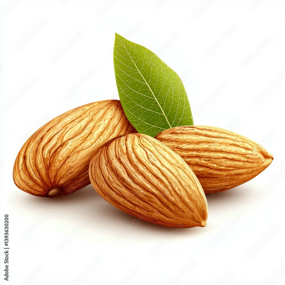 Close-up of three almonds with leaves. High-quality image of delicious and healthy almonds, perfect for food blogs and culinary websites. Close-up of three almonds with leaves. High-quality image of delicious and healthy almonds, perfect for food blogs and culinary websites.