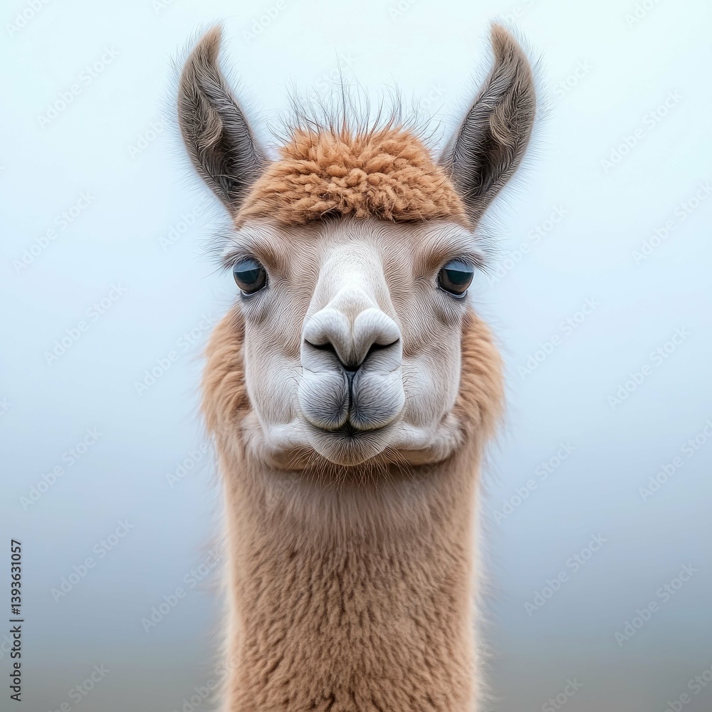 Fototapeta premium Closeup Portrait of a Fluffy Alpaca: Majestic and Serene Animal Photography