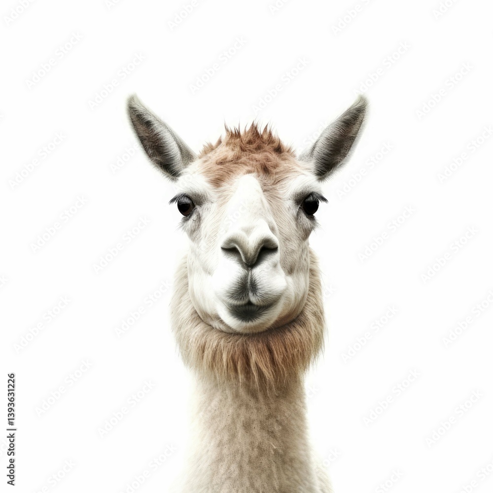 Fototapeta premium Closeup Portrait of a Smiling Llama, Fluffy and Cute Animal Face, White Background