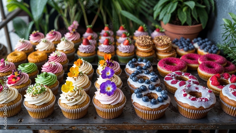 Fototapeta premium A vibrant assortment of beautifully decorated cupcakes and donuts, perfect for any sweet occasion.