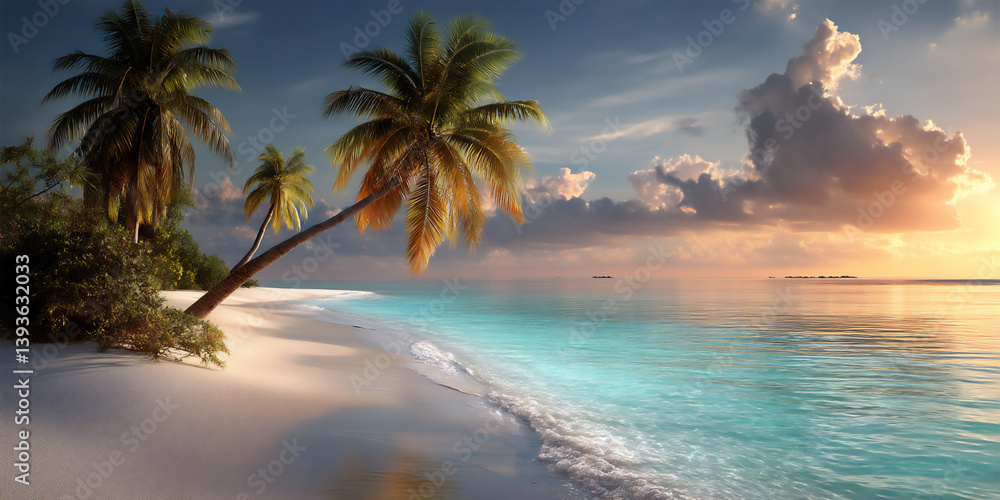 serene beach, maldives, sunset, white sand, tranquil water, detailed, high-resolution, tropical serene beach, maldives, sunset, white sand, tranquil water, detailed, high-resolution, tropical