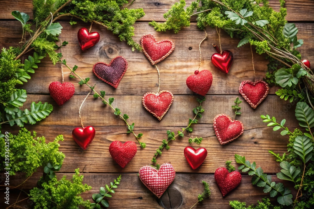 Enchanting Aerial View of Rustic Wooden Heart Decorations Adorned with Lush Greenery A Charming Rustic Decor Enchanting Aerial View of Rustic Wooden Heart Decorations Adorned with Lush Greenery A Charming Rustic Decor