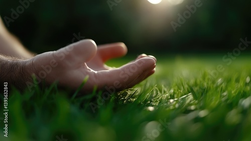 Peaceful hand resting on grass