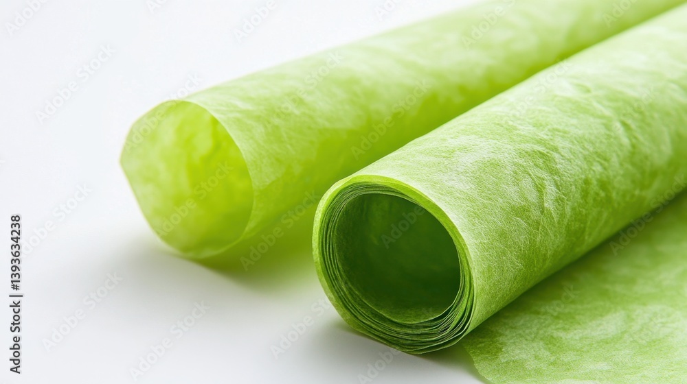 Soft, textured green tissue paper rolls lie against a white background, suggesting delicate gift wrapping or crafting material