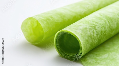 Obraz na płótnie Soft, textured green tissue paper rolls lie against a white background, suggesting delicate gift wrapping or crafting material w salonie