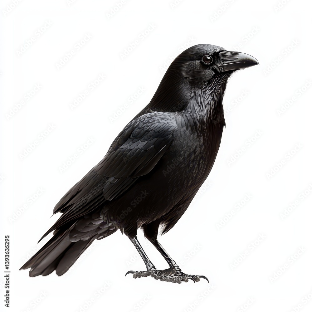 Black Crow with Shiny Feathers on White Background Black Crow with Shiny Feathers on White Background